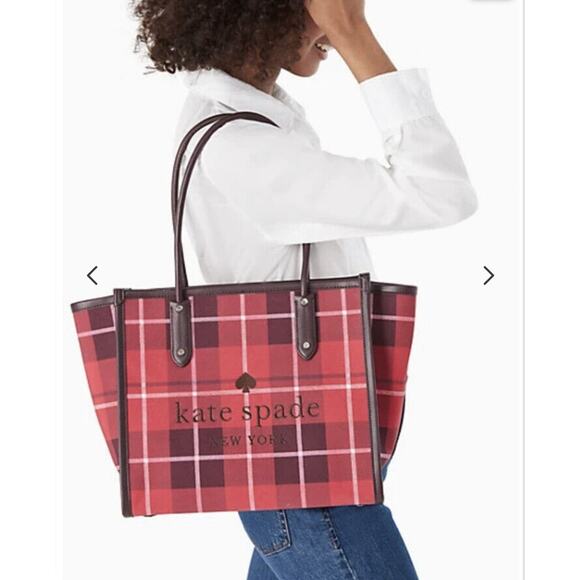 KATE SPADE PLAID TOTE BAG "ELLA" BRIGHT ROSE RED & BLACK PURSE NEW! - Picture 4 of 5